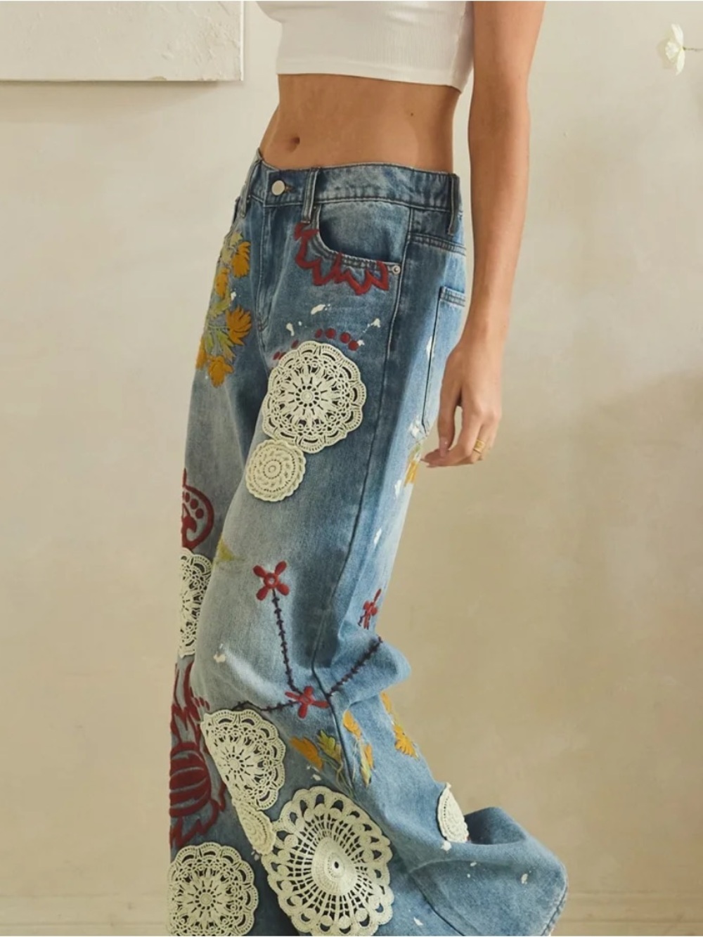 Oli & Hali Denim Wide-Leg Jeans with Cream, Mustard & Red Embroidery Small - Picture 3 of 4